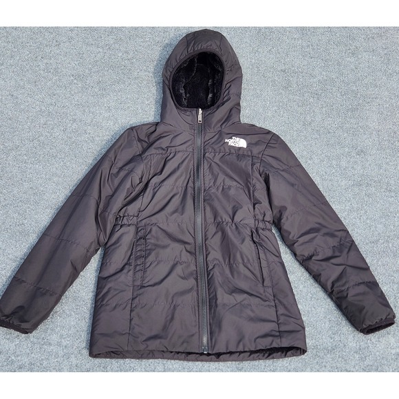 Girls NORTH FACE Black Reversible Parka MOSSBUD winter jacket fur sz Large (12) - Picture 1 of 12